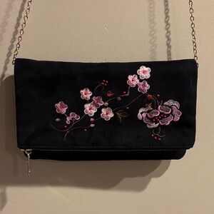 Floral Embroidered Black Clutch